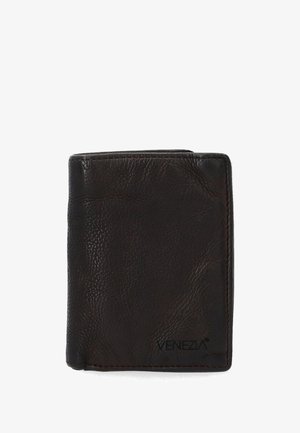 Dark brown leather wallet with a textured finish, bi-fold design, and embossed "VENEZIA" logo on the lower right corner.