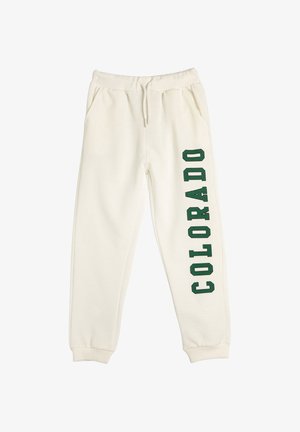 Off-white Jogginghose mit elastischem Bund, Kordelzug, Seitentaschen, gerippten Knöcheln und grüner vertikaler "COLORADO"-Beschriftung am rechten Bein.
