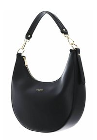 Sac hobo en cuir noir avec une texture lisse, quincaillerie dorée, détails zippés et une silhouette courbée. Logo en relief sur le devant.