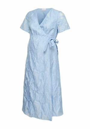 Helehall sinine lühikeste varrukatega seotav kleit tekstuurse lillemustriga, V-kaelusega ja külje peal seotava vöökohaga, pikkus meeldis.