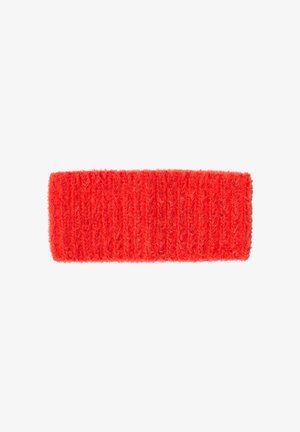 Rotes, flauschiges Stirnband mit gerippter Textur, rechteckiger Form und weichem Stoff, das entwickelt wurde, um die Ohren zu bedecken und das Haar an Ort und Stelle zu halten.