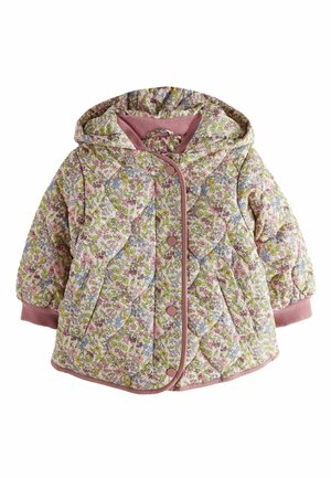 Veste à capuche matelassée dans des tons pastel, ornée d'un motif floral avec des accents roses, boutons-pression et poignets élastiqués. Texture de tissu douce.
