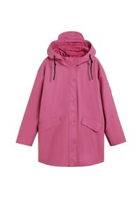 Chaqueta impermeable rosa con capucha, que cuenta con un cierre de botón, dos bolsillos frontales y cordones negros para ajustabilidad.