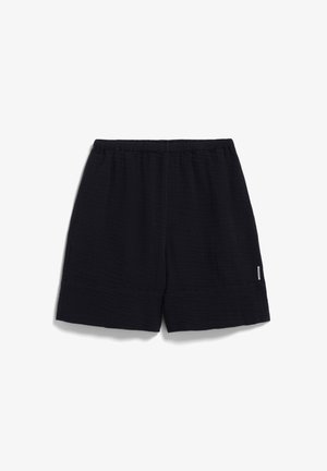 Schwarze Shorts aus strukturiertem Stoff, mit einem elastischen Bund und gerader Passform sowie einem leicht weiten Saum.