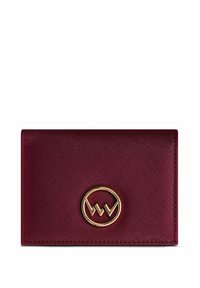 Burgundy textured leather wallet with a gold circular logo accent. Features a slim design and minimalistic aesthetic.