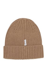 Brown knitted beanie with a ribbed texture and a folded cuff. Features a small label on the side with the brand name.