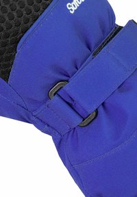 Blue padded fabric strap with black mesh backing and black plastic buckle, part of a wearable support or protective gear.