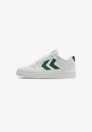 White low-top sneaker with green chevron stripes, lace-up closure, and cushioned sole, viewed from the side against a white background.