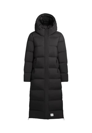 Langer schwarzer Puffermantel mit Kapuze, gestepptem Design, zwei seitlichen Reißverschlusstaschen und einer leicht glänzenden Textur. Mit elastischen Bündchen und einem Markenlabel.