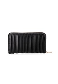 Portafoglio in pelle nera con pieghe verticali, chiusura a cerniera e discreti dettagli in metallo color oro. Texture liscia con una forma allungata e elegante.