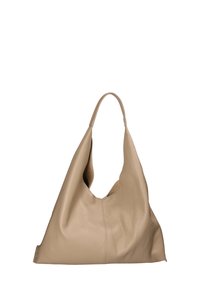 Borsa a tracolla in pelle beige con un design morbido, ampia tracolla e un profondo apertura superiore. Superficie testurizzata con dettagli di cucitura minimi.