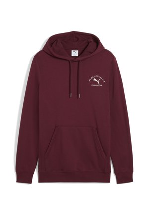 Maron farvet hættetrøje lavet af blødt stof. Har en front kangaroo lomme, snoretræk til hætten og et broderet logo i hvid.