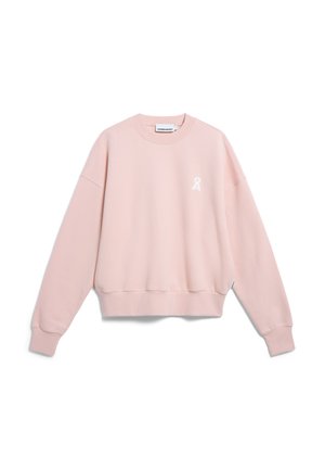 Helle rosa Sweatshirt mit Rundhalsausschnitt, überschnittenen Schultern und gerippten Bündchen. Hat ein kleines weißes Logo auf der Brust. Weicher Stoff.