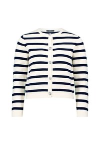 Cardigan à rayures crème et marine. Comprend des manches longues, un col rond et cinq grandes fermetures à boutons avec une texture côtelée.