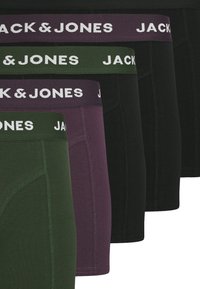 Vier Paare Herren-Boxershorts in Schwarz, Dunkelgrün, Pflaume und Grau, mit elastischen JACK & JONES Bund mit weißer Schrift.