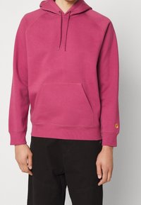Hooded sweatshirt in felkruid pink, gemaakt van zacht materiaal, met een voorzak en ribgebreide mouwen, voorzien van een klein logo op de mouw.