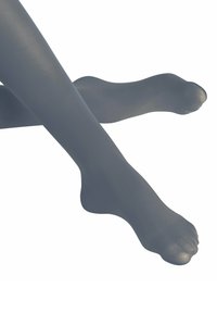 Collant grigi semi-trasparenti con una texture liscia, caratterizzati da estremità a piedi. Il design mette in evidenza una forma aderente e comoda.