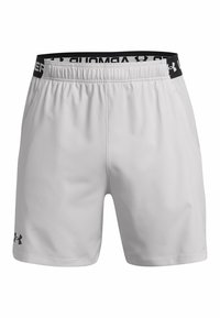 Pantalones cortos deportivos de color gris claro con una cintura elástica negra, que presentan el logo de Under Armour y bolsillos laterales. Fabricados con un material suave y transpirable.