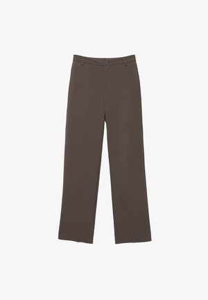 Pantaloni maro cu croială dreaptă, cu găici pentru curea, nasture în față și închidere cu fermoar, prezentați întinși pe un fundal alb.