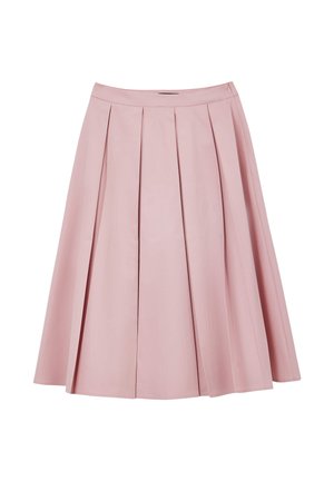 Faltenrock aus weichem rosa Stoff mit einem figurbetonten Bund und fließendem Design. Glatte Textur, knielange Silhouette, keine sichtbaren Muster oder Akzente.