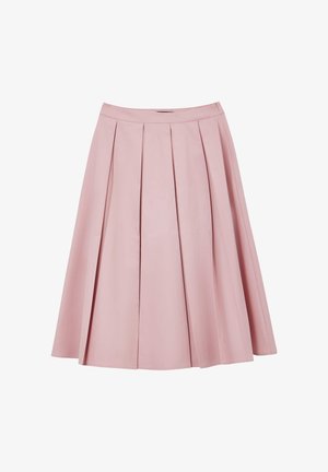 Jupe plissée en tissu rose doux avec une taille ajustée et un design fluide. Texture lisse, silhouette à mi-mollet, sans motifs ni accents visibles.