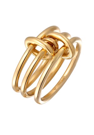 Arany gyűrű, amely összekapcsolt sávokkal rendelkezik, sima felülettel. Három megnyúlt hurok alkot egy texturált, dimenzionális dizájnt.