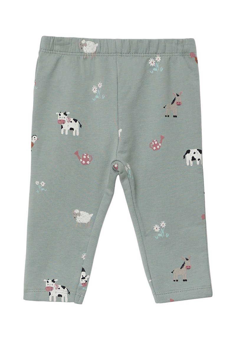 Katoenen leggings in zacht groen met speelse afdrukken van boerderijdieren en bloemen. Beschikt over een elastische tailleband en een aansluitend beenontwerp.