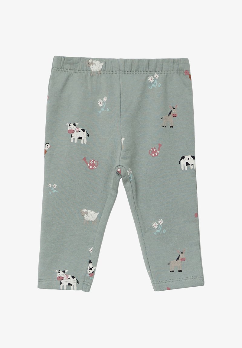 Katoenen leggings in zacht groen met speelse afdrukken van boerderijdieren en bloemen. Beschikt over een elastische tailleband en een aansluitend beenontwerp.