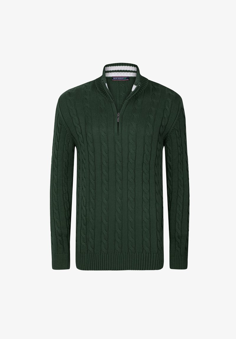 Maglione verde a coste con colletto alto e zip a quarto, con polsini e orlo a coste, realizzato in tessuto di maglia testurizzato.
