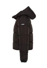 Giubbotto piumino nero con cappuccio, caratterizzato da un design trapuntato, tasche con zip e polsini a coste; realizzato in materiale resistente all'acqua.