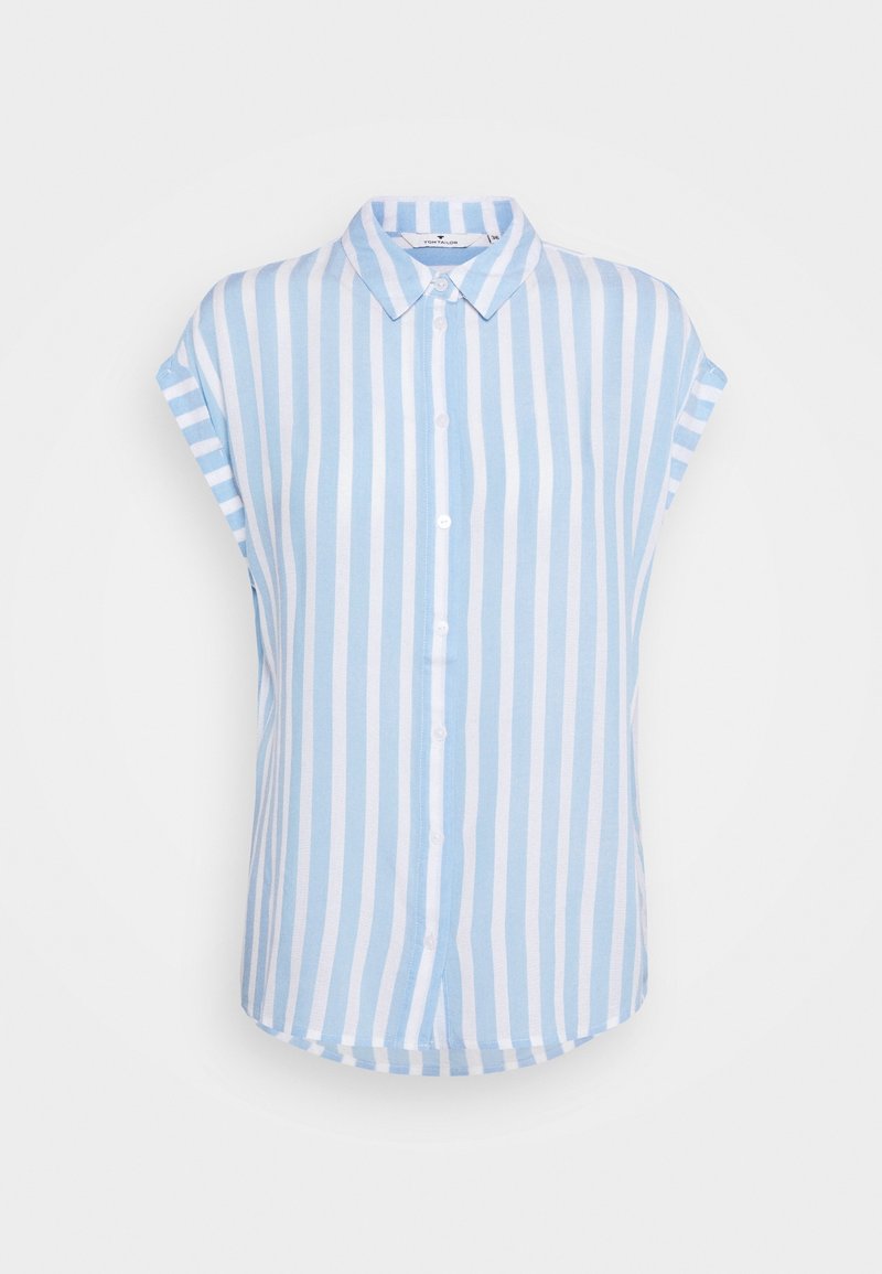 Short-sleeve button-up shirt made of lightweight fabric, featuring vertical blue and white stripes, and a rounded hem design.