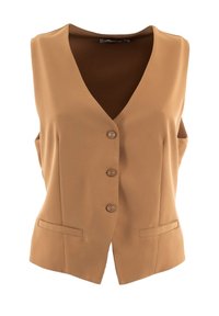 Gilet marrone senza maniche con scollatura a V, tre bottoni sulla parte anteriore e due tasche inserite. Realizzato in tessuto liscio con un design su misura.