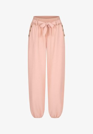 Világos rózsaszín, laza szabású nadrág bordázott derékpánttal, masni részlettel és oldalsó gombokkal. Puha anyag, rugalmas bokakivágásokkal.