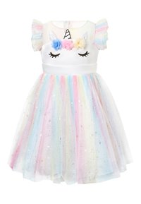 Unicorn-themed dress with a white bodice, soft tulle skirt in pastel colors, star accents, and floral embellishments at the neckline.