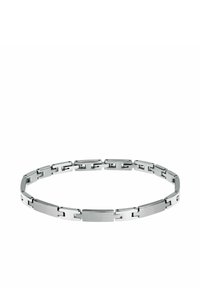 Bracciale in metallo argentato con elementi rettangolari caratterizzati da una finitura spazzolata e lucida, collegati da piccoli giunti circolari.