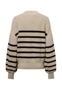 Maglione beige con righe orizzontali nere, scollatura rotonda e maniche a sbuffo con polsini a coste. Texture morbida lavorata a maglia.