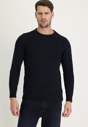 Granatowy sweter z dzianiny o prążkowanej teksturze, z okrągłym dekoltem i długimi rękawami, z poziomymi paskami i dopasowanym stanem.