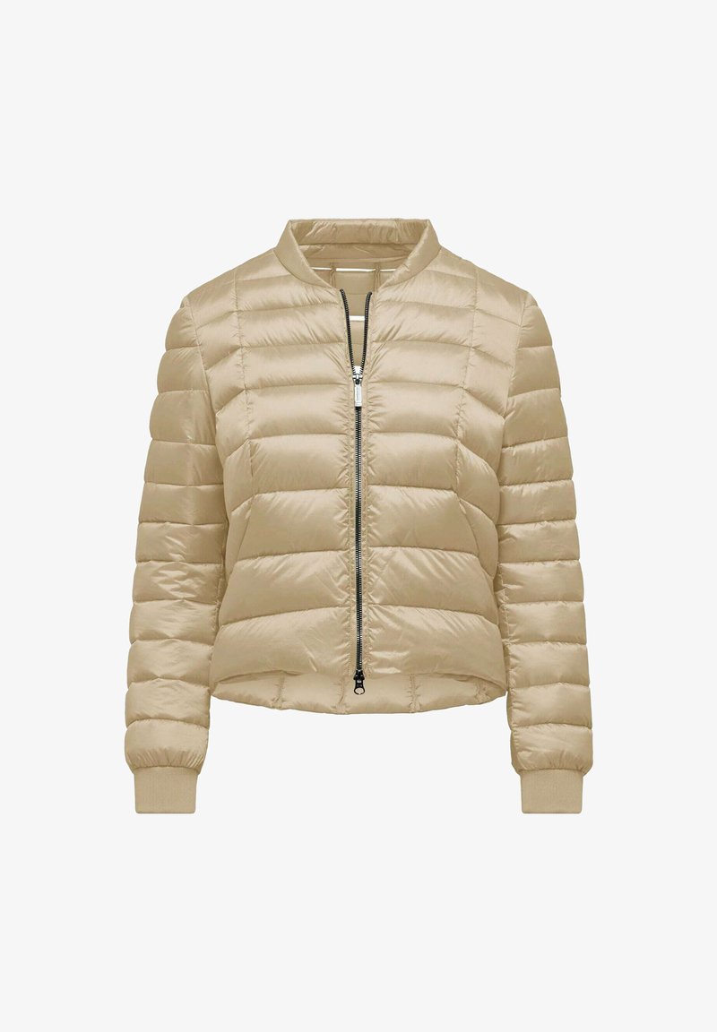 Beige gewatteerde bomberjack met een ritsluiting, ribgebreide boorden en een gladde, glanzende textuur. Korte lengte en een doorgestikt patroon overal.