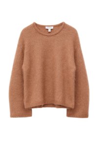 Bordeauxfarbener, kastiger Pullover aus weichem, flauschigem Material. Verfügt über einen runden Ausschnitt und überschnittene Schultern mit gerippten Akzenten an den Rändern.