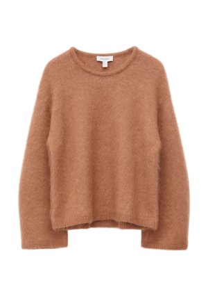 Burgundy, boxy sweater made of soft, fluffy material. Features a round neckline and dropped shoulders, with ribbed accents on the edges.