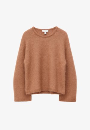 Bordeauxfarbener, kastiger Pullover aus weichem, flauschigem Material. Verfügt über einen runden Ausschnitt und überschnittene Schultern mit gerippten Akzenten an den Rändern.