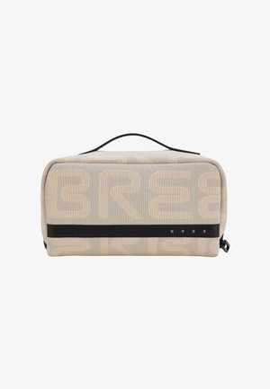 Bolsa de aseo rectangular de malla beige con tira horizontal negra, asa superior, cremallera y un sutil patrón de texto grande en los laterales.