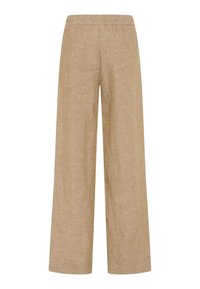 Beige viddebenede linnedbukser med elastik i taljen, designet til en løs og behagelig pasform.