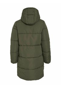 Olivgrön puffjacka med huva, som har horisontella quiltade sektioner, långa ärmar och en medellång längd. Slät, hållbar tyg.