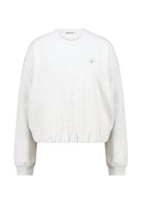 Sudadera corta gris claro hecha de una tela suave. Presenta mangas largas, cuello acanalado y un pequeño logo verde en el pecho.