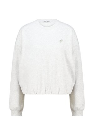 Lichtgrijze cropped sweatshirt gemaakt van zachte stof. Heeft lange mouwen, een geribbelde halslijn en een klein groen logo op de borst.