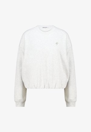 Light gray cropped sweatshirt made of soft fabric. Features long sleeves, ribbed neckline, and a small green logo on the chest.