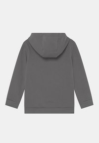 Felpa grigia con cappuccio, maniche lunghe e una consistenza morbida. Design semplice, senza motivi visibili o dettagli hardware.