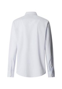 Weißes langärmeliges Hemd mit dezenten vertikalen Streifen, geknöpften Manschetten und klassischem Kragen, von hinten gezeigt.