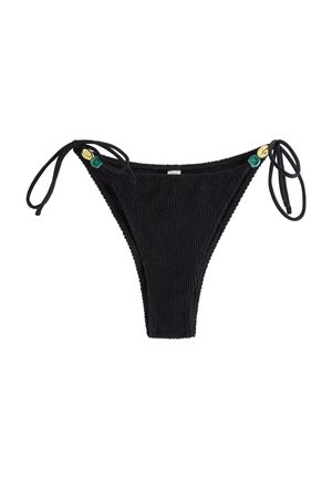 Fondo bikini nero con texture e laccetti laterali decorati con perline verdi e dorate su ciascun lato.